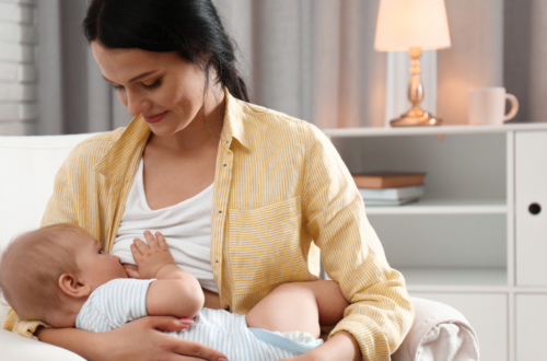 Mãe amamentando bebê no colo em ambiente calmo e organizado